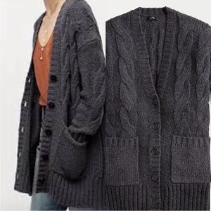 J Crew dark gray oversized cable knit cardigan medium wool alpaca blend EUC